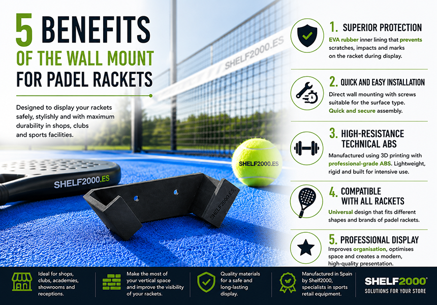 Infographic showing the five main benefits of the Shelf2000 wall-mounted padel racket holder, manufactured from high-strength technical ABS with EVA rubber protection. Ideal for padel shops, clubs, academies and professional sports retail displays.